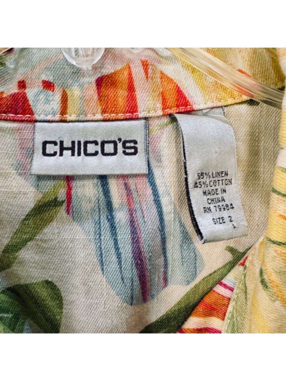 Chico's Floral Linen Blend Women's Jacket Size L Green Multi Beach Tropical - Picture 6 of 9